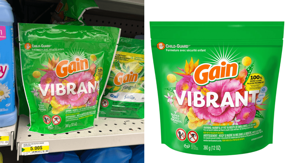 Les capsules de d\u00e9tergent \u00e0 lessive Gain Super Flings sur les tablettes du Dollarama. Droite : Les capsules de d\u00e9tergent \u00e0 lessive Gain Super Flings sur le site de Walmart.
