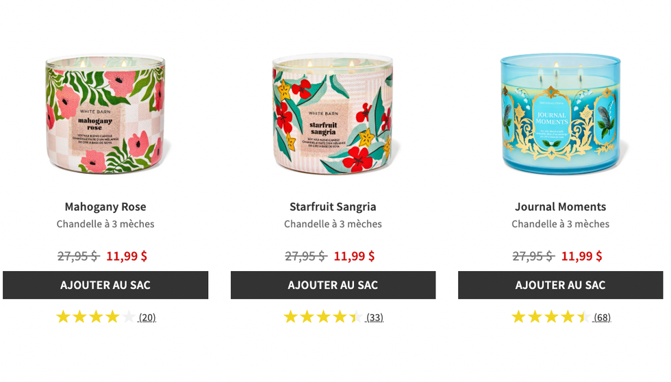 Les chandelles estivales sur le site de Bath & Body Works.
