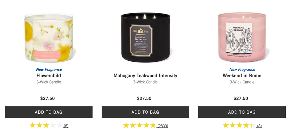 Les chandelles \u00e0 3 m\u00e8ches du Bath and Body Works.