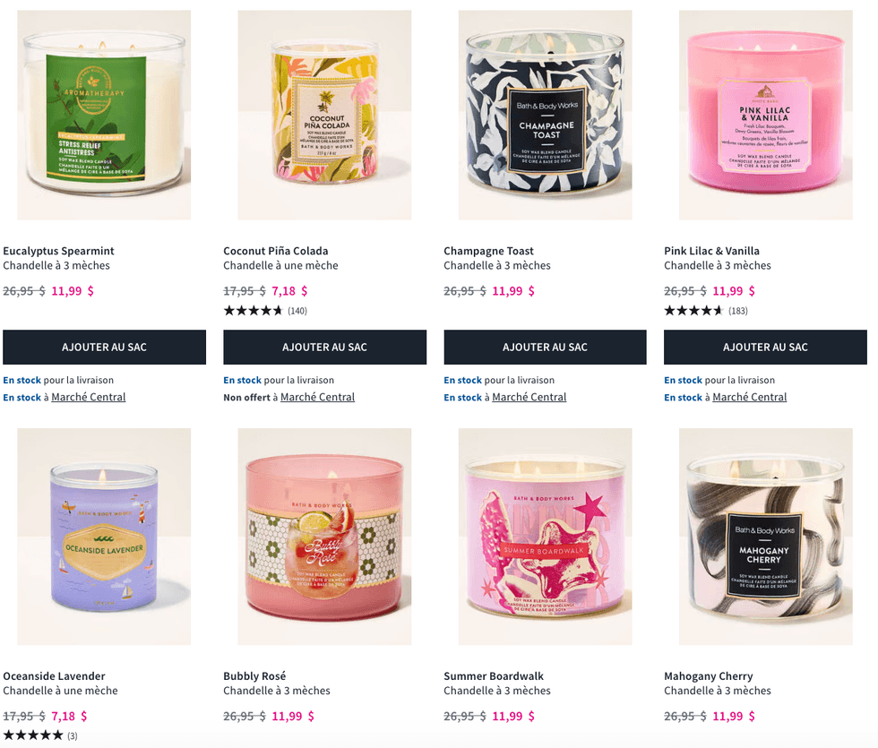 Les chandelles \u00e0 trois m\u00e8ches du Bath & Body Works \u00e0 rabais \u00e0 11,99 $ pendant le solde semi-annuel.