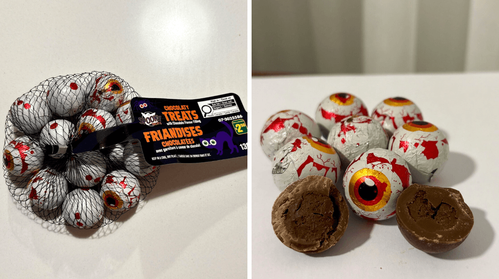 Les chocolats en forme d'yeux avec garniture de chocolat de la marque Spooky Treats. Droite : Les friandises chocolat\u00e9es en forme d\u2019yeux, avec une coquille croquante et un centre fondant.