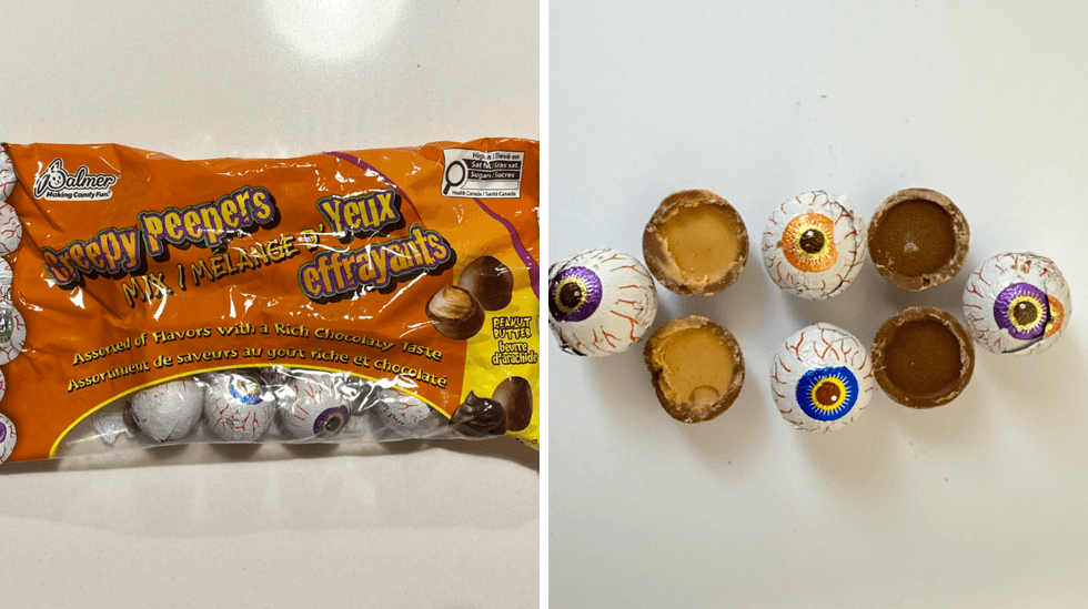 Les chocolats M\u00e9lange d'yeux effrayants de la marque Palmer. Droite : Les friandises chocolat\u00e9es en forme d'\u0153il, offertes avec un centre cr\u00e9meux au fudge ou au beurre d'arachide.