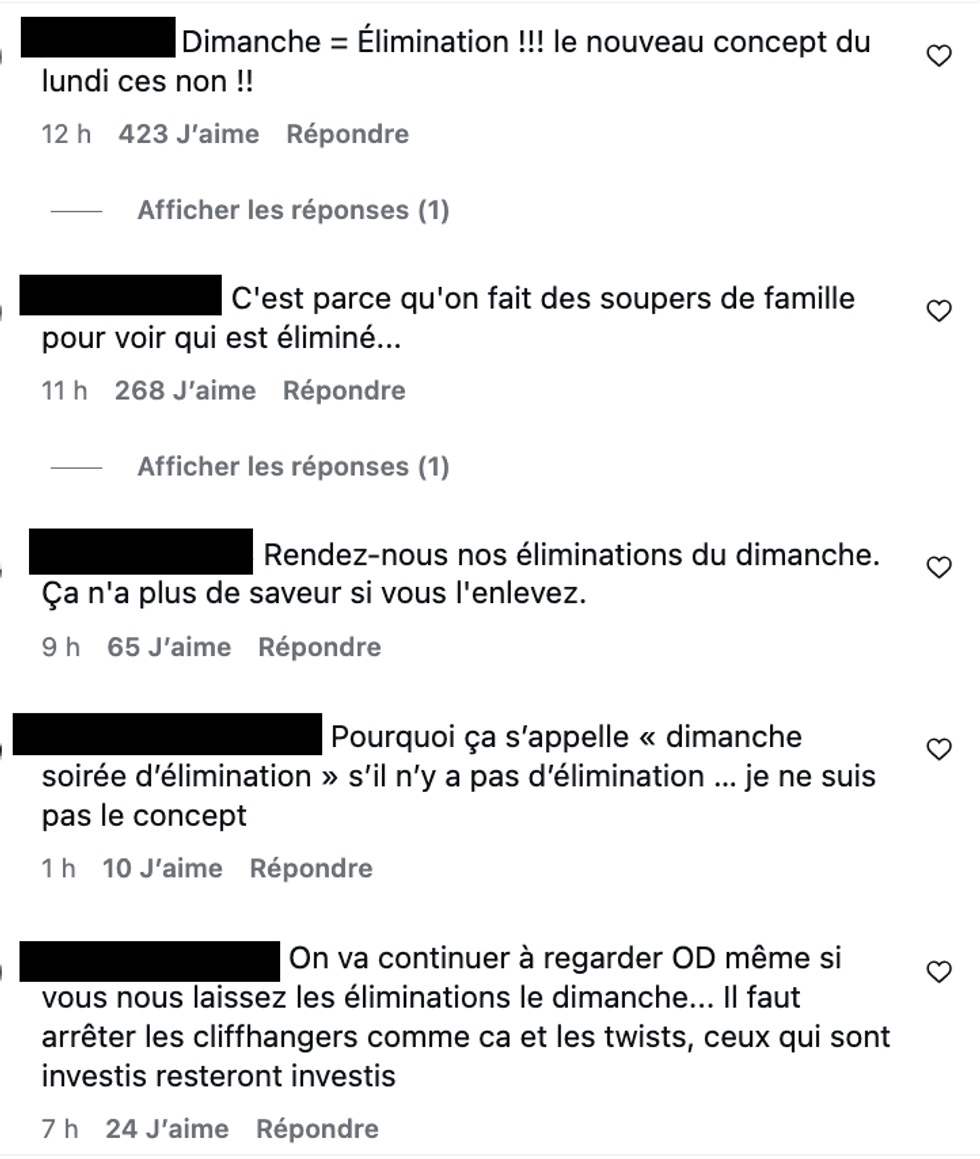 Les commentaires sur les r\u00e9seaux sociaux d'Occupation Double du public qui r\u00e9clame une \u00e9limination du dimanche.