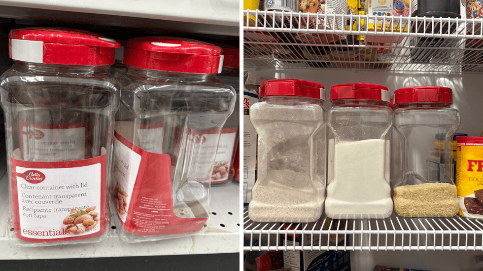 Les contenants transparents avec couvercle Betty Crocker sur les tablettes du Dollarama. Droite : contenants transparents avec couvercle dans un garde manger.
