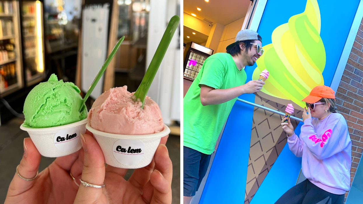 Les crèmes glacées du Ca Lem. Droite : Deux personnes qui mangent une crème glacée.