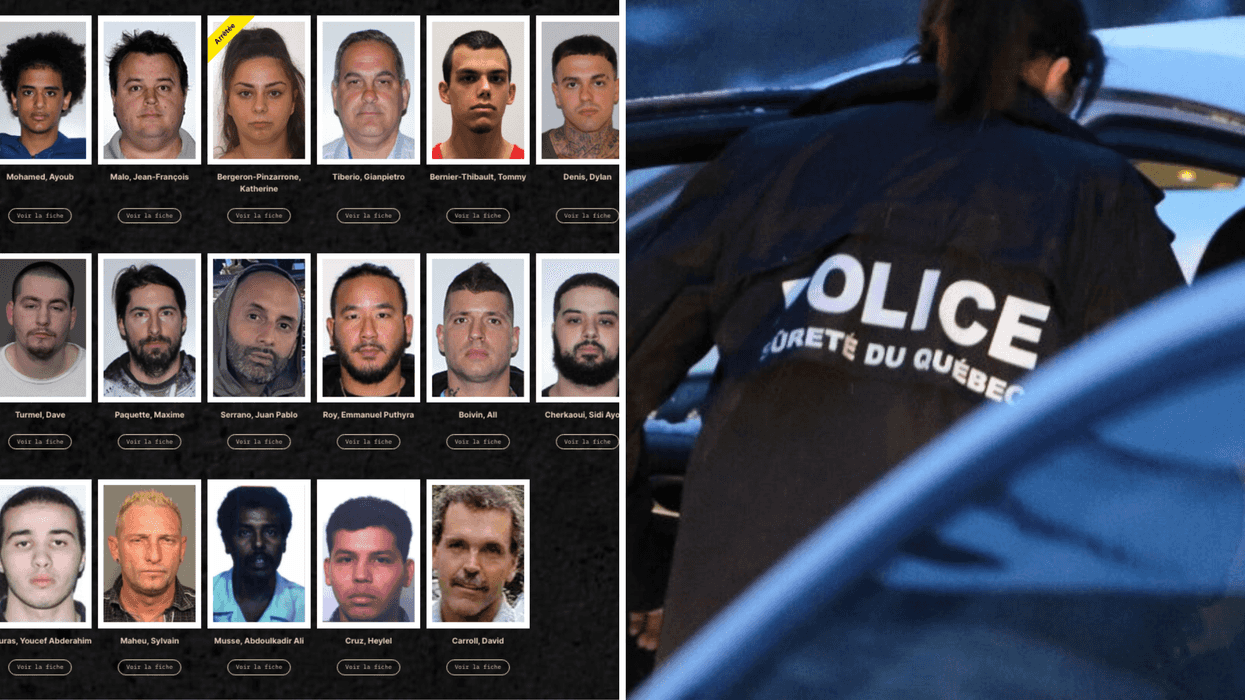 Les criminels les plus recherchés au Québec. Droite : Une policière de la Sûreté du Québec.