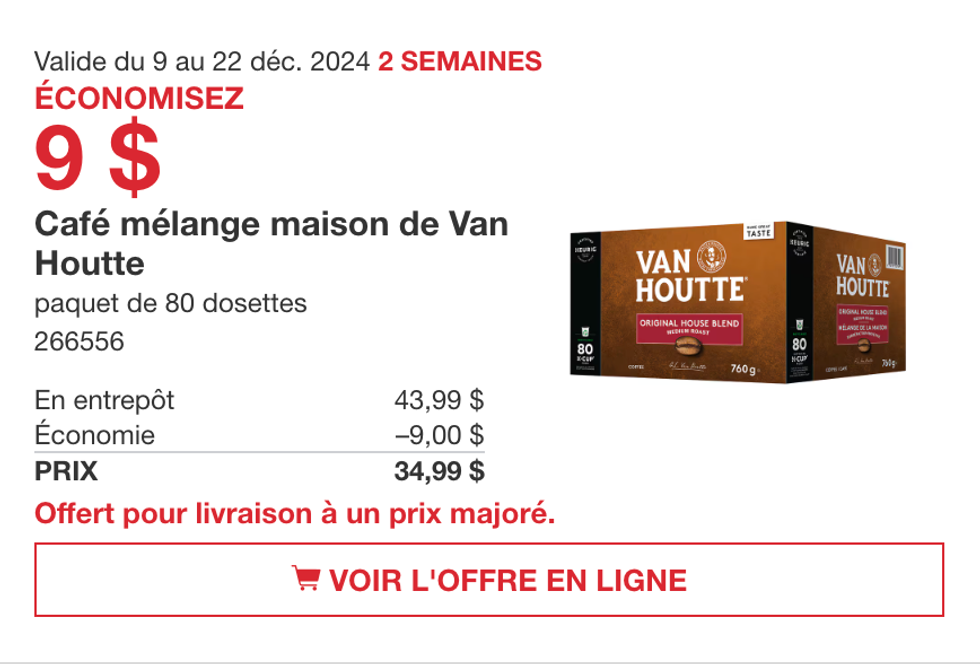 Les dosettes Keurig de caf\u00e9 m\u00e9lange maison Van Houtte en rabais sur le site de Costco Canada.