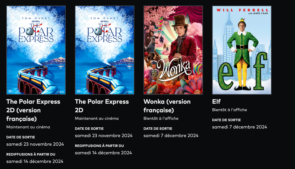 Les films The Polar Express, Wonka et Elf \u00e0 l'affiche pour Films en famille au Cineplex.