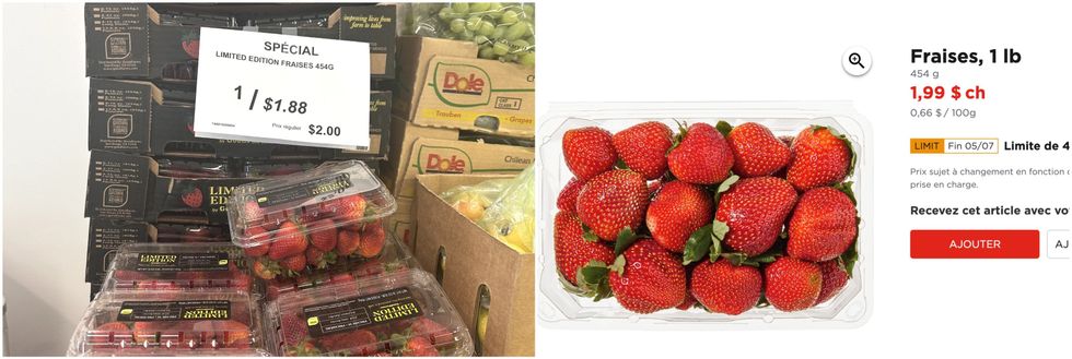 Les fraises en rabais au Liquidation Marie. Droite : Les fraises en rabais sur le site du Maxi.