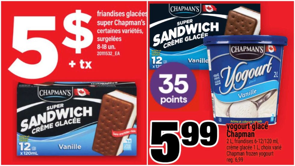 Les friandises glac\u00e9es Chapman\u2019s dans la circulaire du Maxi. Droite : Les produits glac\u00e9s Chapman\u2019s dans la circulaire du Super C.