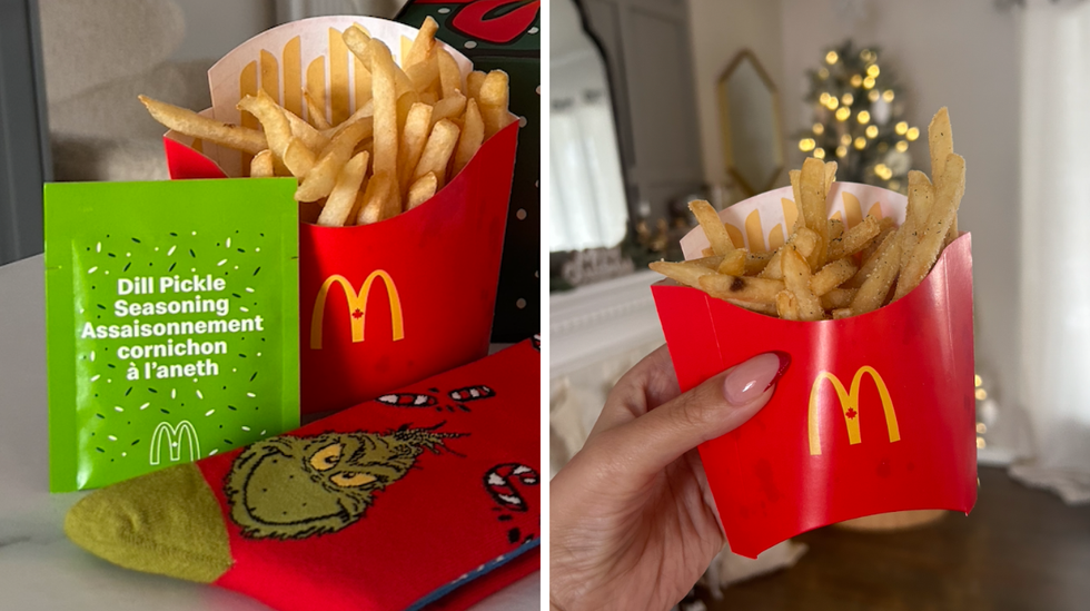 Les frites et le sachet d'assaisonnement au cornichon \u00e0 l'aneth de la bo\u00eete du Grincheux du McDonald's. Droite : Les frites saupoudr\u00e9es de l'assaisonnement au cornichon \u00e0 l'aneth de la bo\u00eete du Grincheux du McDonald's