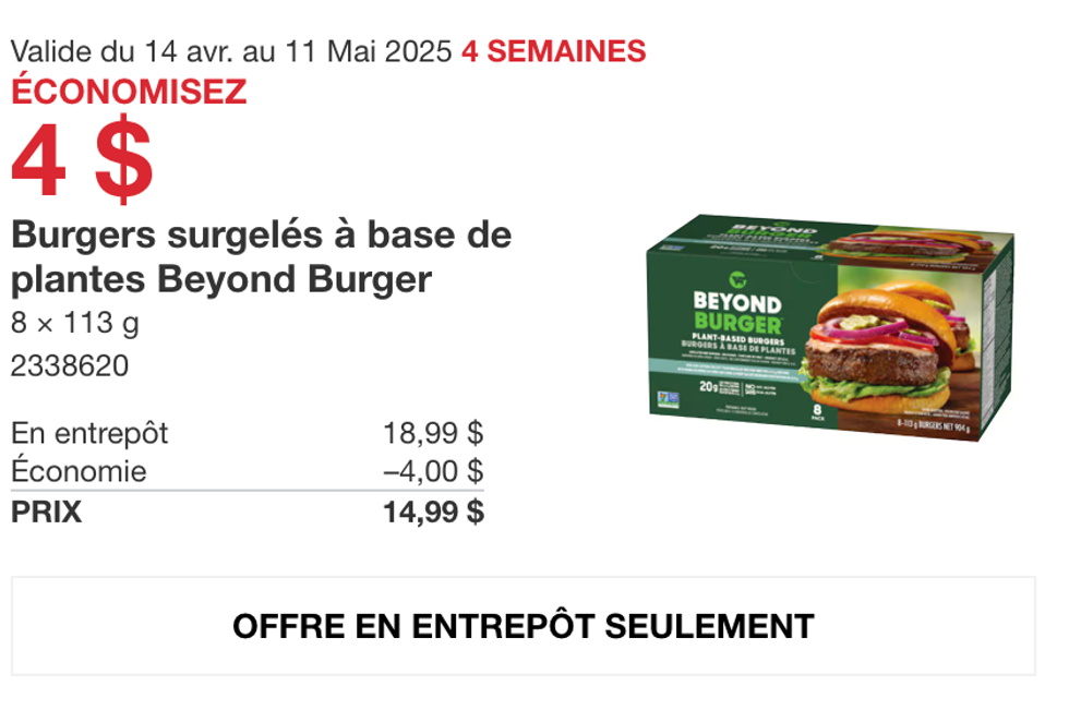 Les galettes v\u00e9g\u00e9tales Beyond Burger dans la circulaire du Costco.