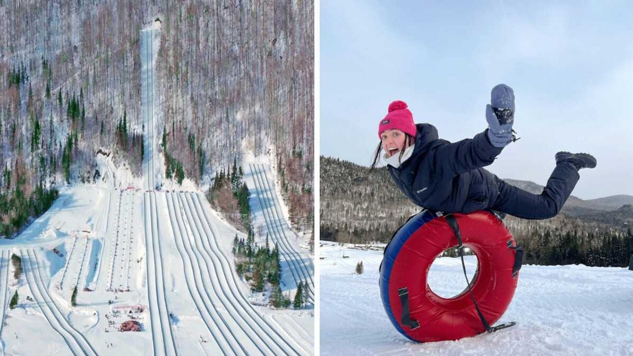 Les Glissades de Tewkesbury. Droite : Une personne avec un tube aux Glissades de Tewkesbury.