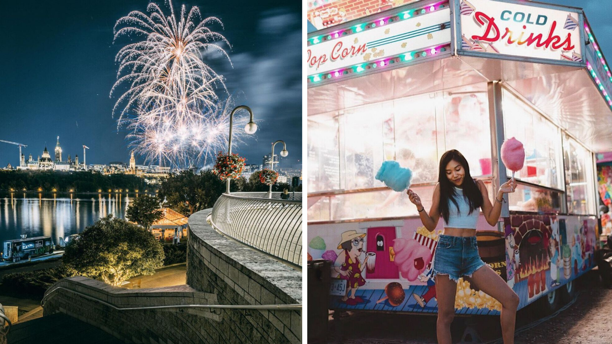 Les Grands Feux fireworks over the Ottawa River. Right: Eating cotton candy at The Capital Fair.