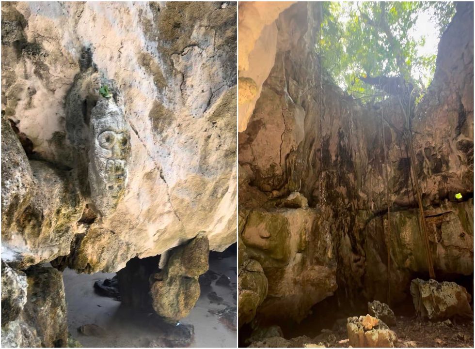 Les gravures laiss\u00e9es par les Tainos. Droite : Une grotte.