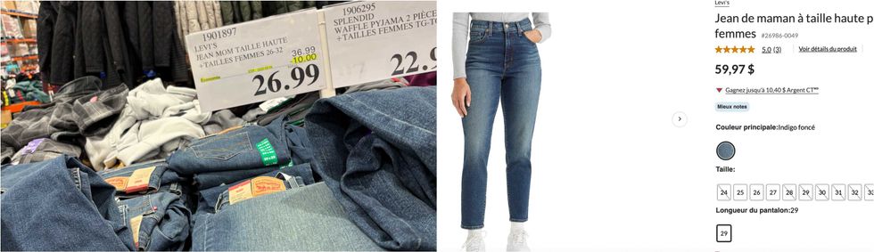 Les jeans Levi's en vente au Costco. Droite : Les jeans Levi's sur le site de L'\u00c9quipeur.