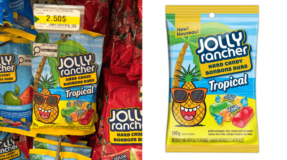 Les Jolly Rancher tropicaux sur les tablettes du Dollarama. Droite : Les Jolly Rancher tropicaux sur le site internet de Walmart.