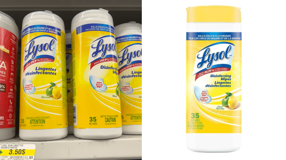 Les lingettes d\u00e9sinfectantes Lysol aux agrumes sur les tablettes du Dollarama. Droite : Les lingettes d\u00e9sinfectantes Lysol aux agrumes sur le site de Walmart.