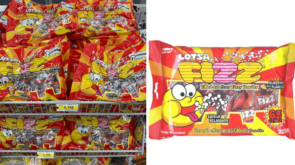 Les Lotsa Fizz vendus 0,16 $ moins cher par 100 g au Dollarama qu\u2019au Walmart.