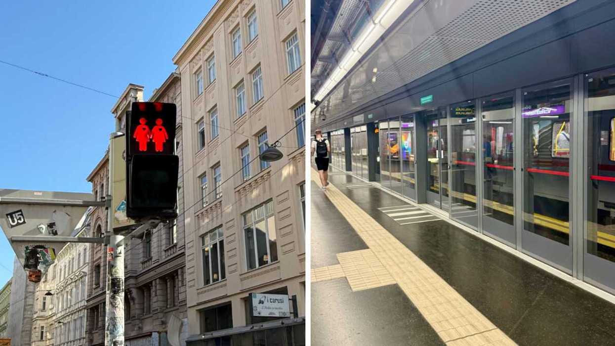 Les lumières pour piétons inclusives. Droite : les fenêtres protectrices dans le métro à Vienne.