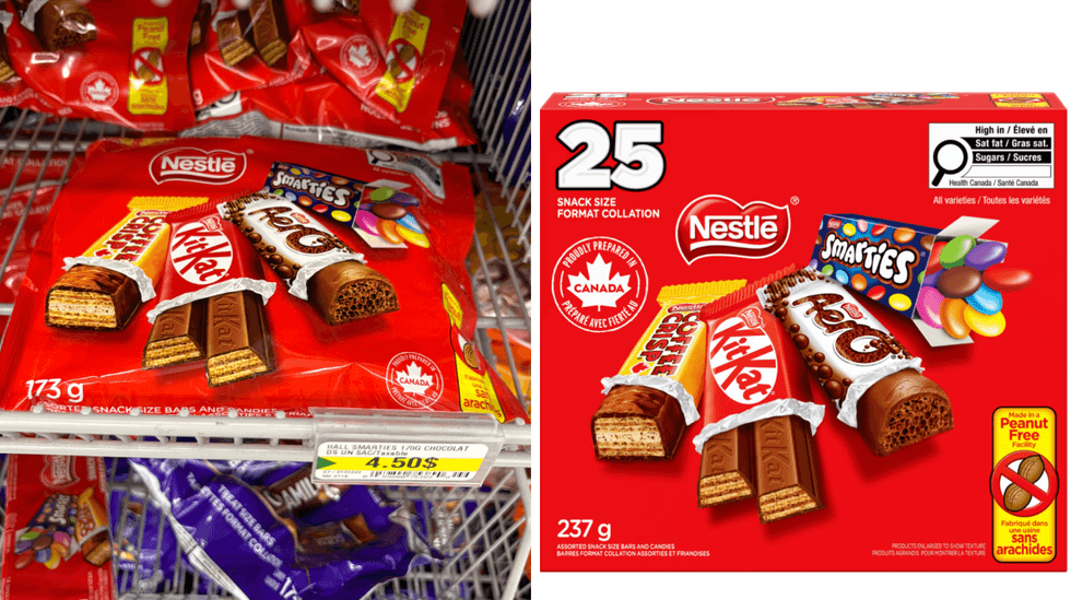 Les mini barres Nestl\u00e9 sur les tablettes du Dollarama. Droite : Les mini barres Nestl\u00e9 sur le site internet de Walmart.