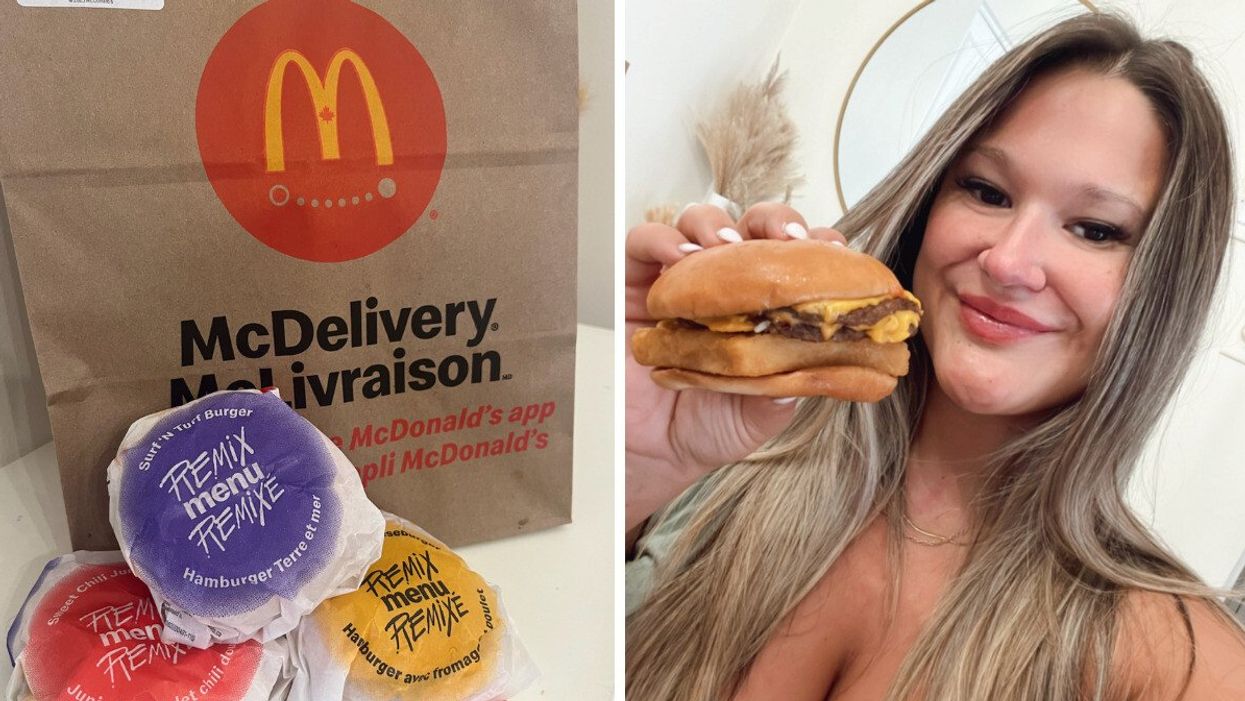 Les nouveaux burgers « REMIXÉ » de McDonald's dans leur emballage coloré. Droite : Izabelle qui tient le burger Terre et Mer.