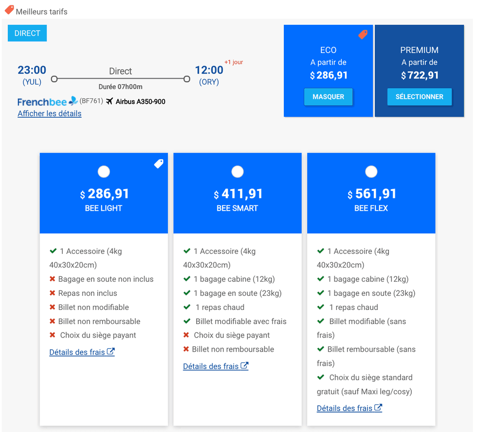 Les options Bee Light, Bee Smart et Bee Flex de la ligne a\u00e9rienne French Bee. 