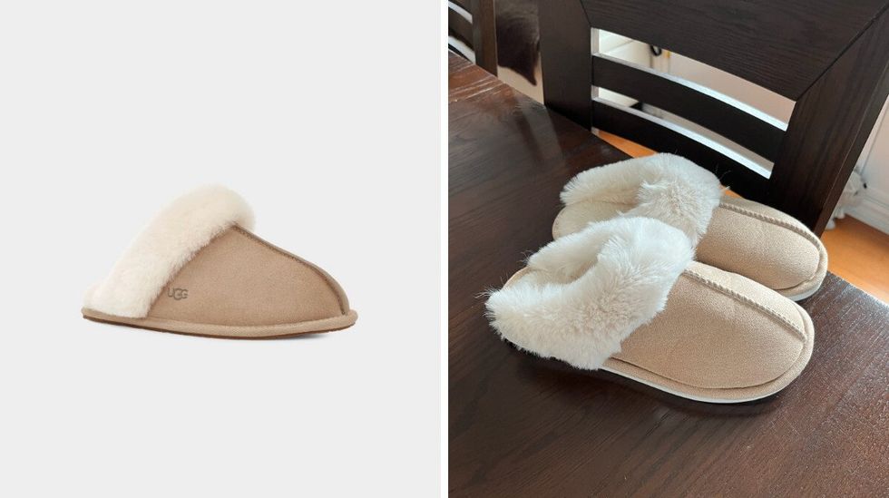 Les pantoufles UGG. Droite: Les pantoufles Amazon.