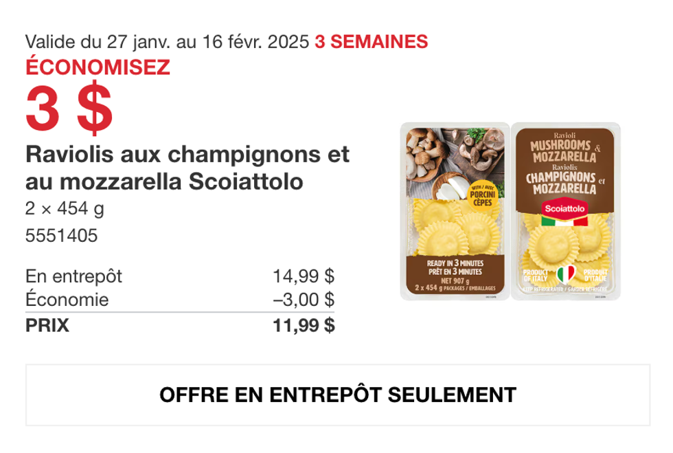 Les paquets de raviolis aux champignons et au mozzarella Scoiattolo dans la circulaire en ligne du Costco.