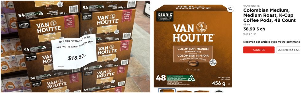 Les pods Keurig au Liquidation Marie de Montr\u00e9al. Droite : Les pods Keurig sur le site du Maxi.