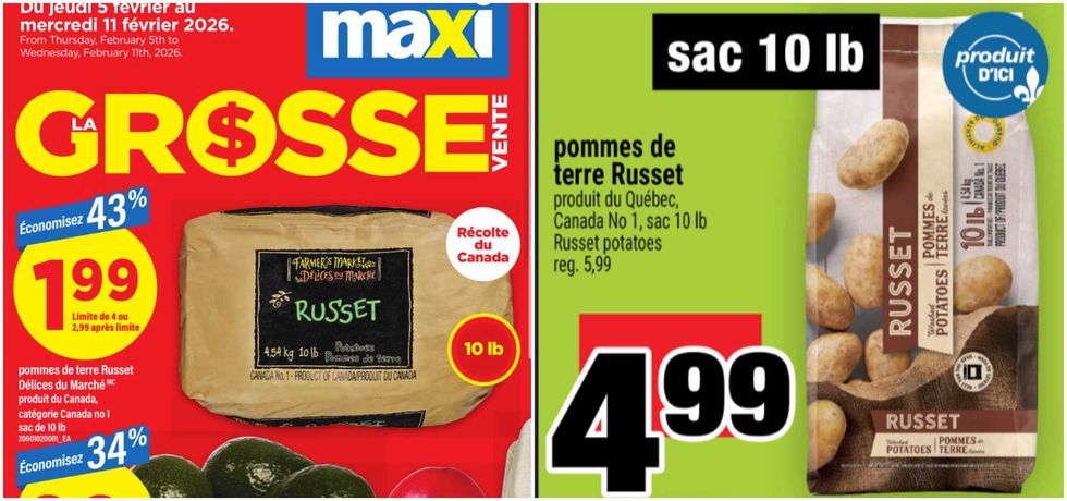 Les pommes de terre Russet D\u00e9lices du March\u00e9 dans la circulaire du Maxi. Droite : Les pommes de terre Russet dans la circulaire du Super C.
