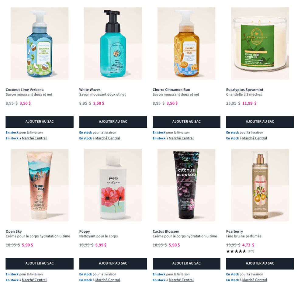 Les produits corporels de Bath & Body Works \u00e0 rabais pendant le solde semi-annuel.
