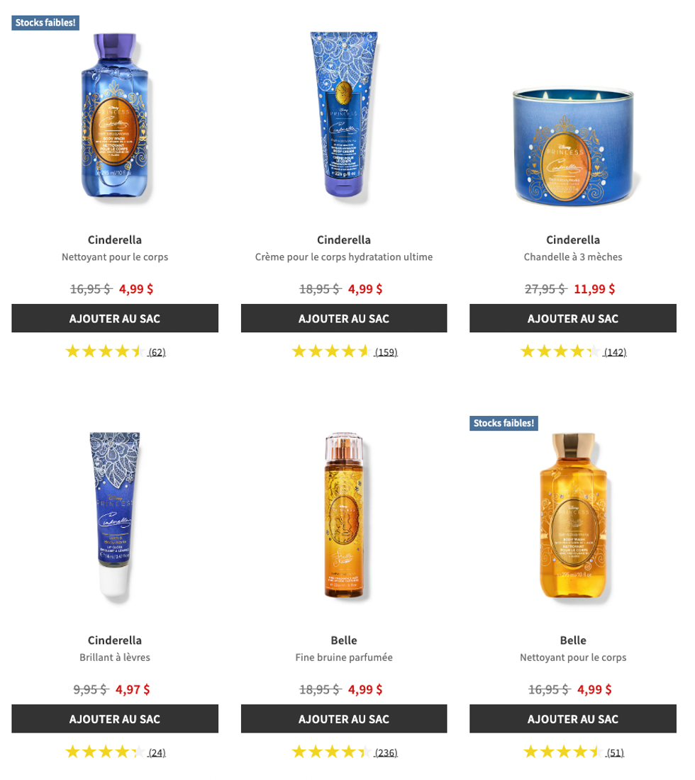 Les produits de la collection Disney Princess.