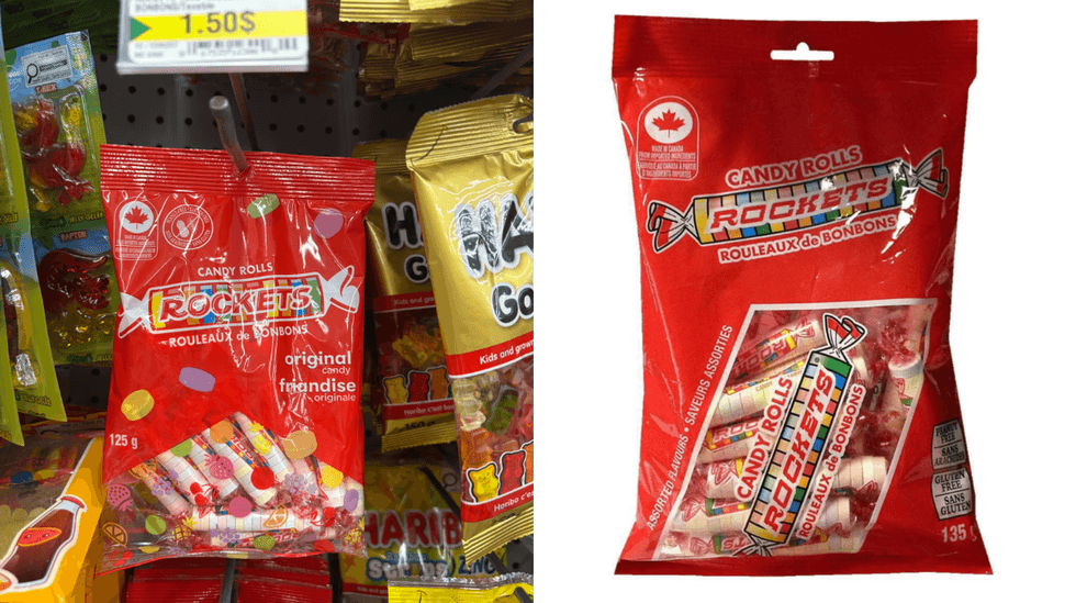Les Rockets sur les tablettes du Dollarama. Droite : Les Rockets sur le site internet de Walmart.