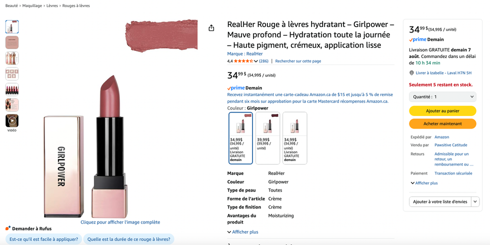 Les rouges \u00e0 l\u00e8vres de la marque RealHer, vendus \u00e0 34,99 $ sur le site d'Amazon Canada. 