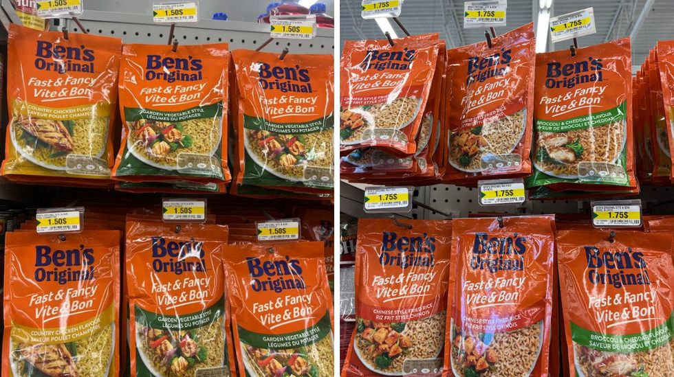 Les sachets de riz \u00ab Vite & Bon \u00bb de Ben's Original \u00e0 1,50 $. Droite : Les sachets de riz \u00ab Vite & Bon \u00bb de Ben's Original \u00e0 1,75 $.
