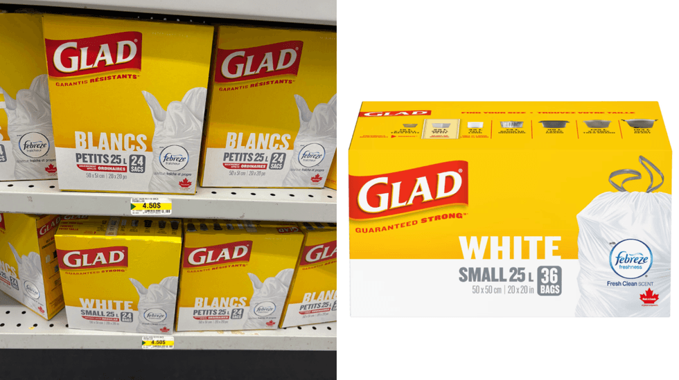 Les sacs \u00e0 ordures blancs Glad de 25 L sur les tablettes du Dollarama. Droite : Les sacs \u00e0 ordures blancs Glad de 25 L sur le site de Walmart.