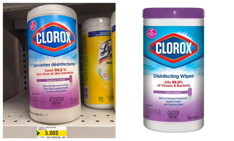 Les serviettes d\u00e9sinfectantes Clorox au Dollarama. Droite : Les serviettes d\u00e9sinfectantes Clorox sur le site de Walmart.