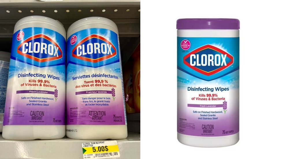 Les serviettes d\u00e9sinfectantes Clorox au Dollarama. Droite : Les serviettes d\u00e9sinfectantes Clorox sur le site de Walmart.