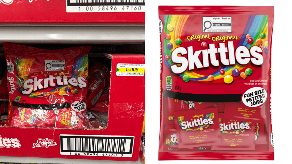 Les Skittles sur les tablettes du Dollarama. Droite : Les Skittles sur le site internet de Walmart.