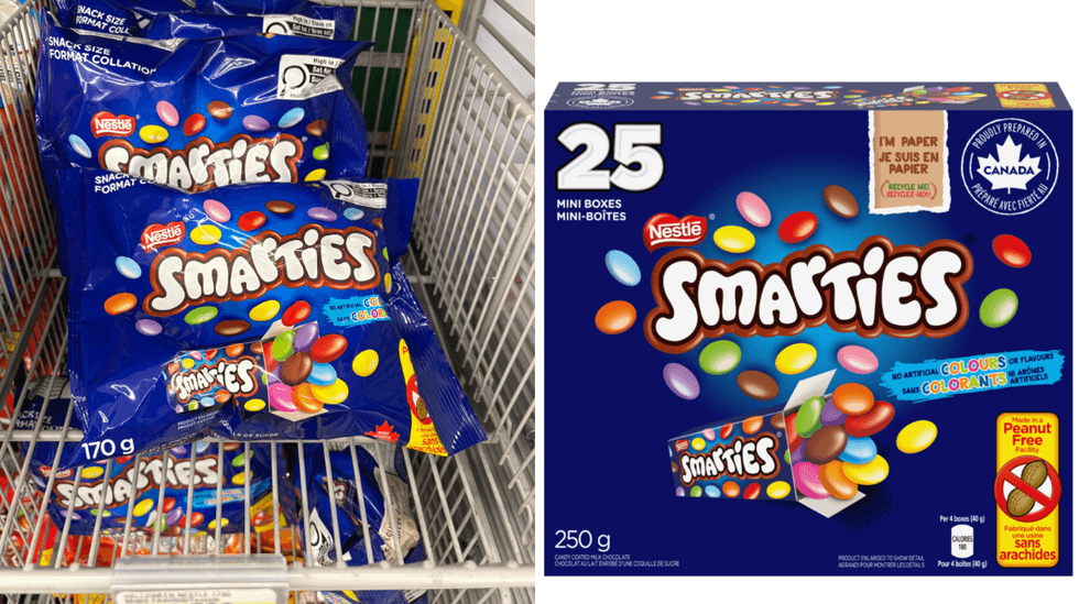 Les Smarties sur les tablettes du Dollarama. Droite : Les Smarties sur le site internet de Walmart.
