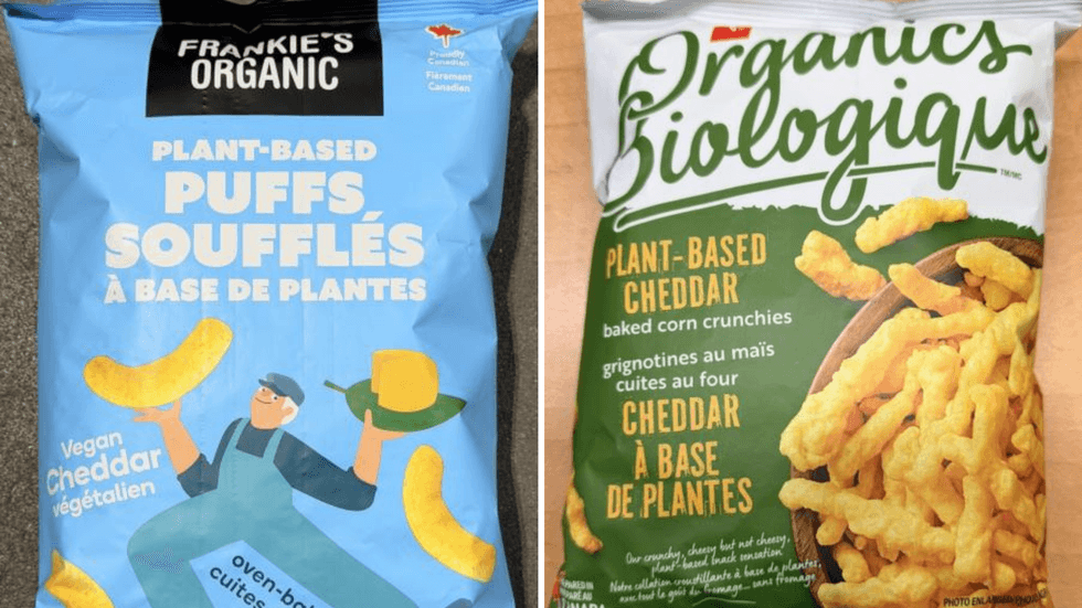 Les Souffl\u00e9s et grignotines de ma\u00efs cheddar \u00e0 base de plantes de marque PC Biologique et Frankie's Organic.
