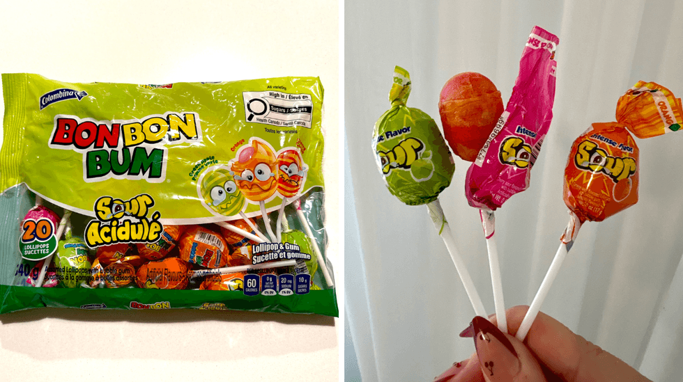 Les su\u00e7ons Bon Bon Bum Acidul\u00e9 de la marque Colombina. Droite : Les su\u00e7ons Bon Bon Bum Acidul\u00e9, une friandise dure fruit\u00e9e avec un centre en gomme \u00e0 m\u00e2cher.