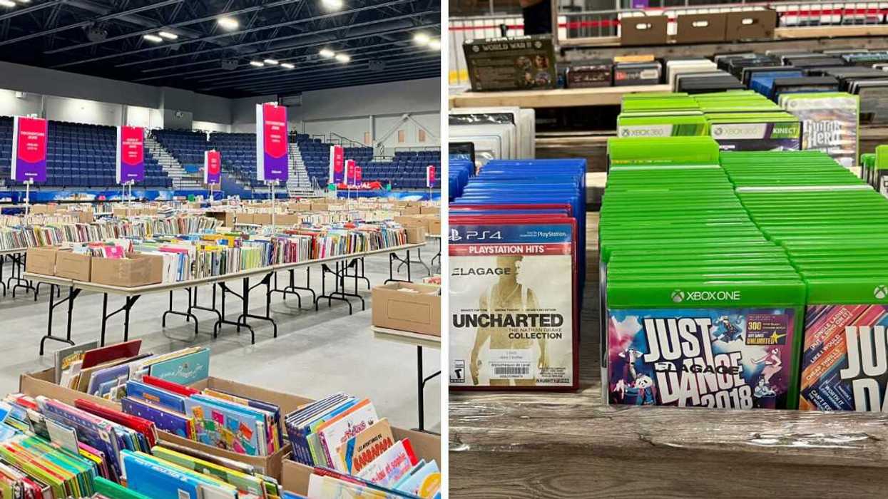 Les tables de la bibliovente de Laval. Droite : Des jeux Xbox vendus à la bibliovente de Laval.