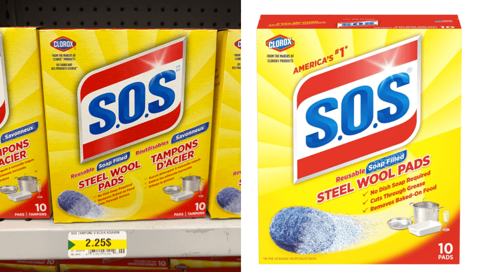 Les tampons d\u2019acier savonneux S.O.S sur les tablettes du Dollarama. Droite : Les tampons d\u2019acier savonneux S.O.S sur le site de Walmart.