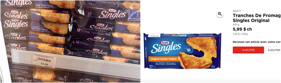 Les tranches de fromage Singles de Kraft au Liquidation Marie. Droite : Les tranches de fromage Singles de Kraft au Liquidation Marie