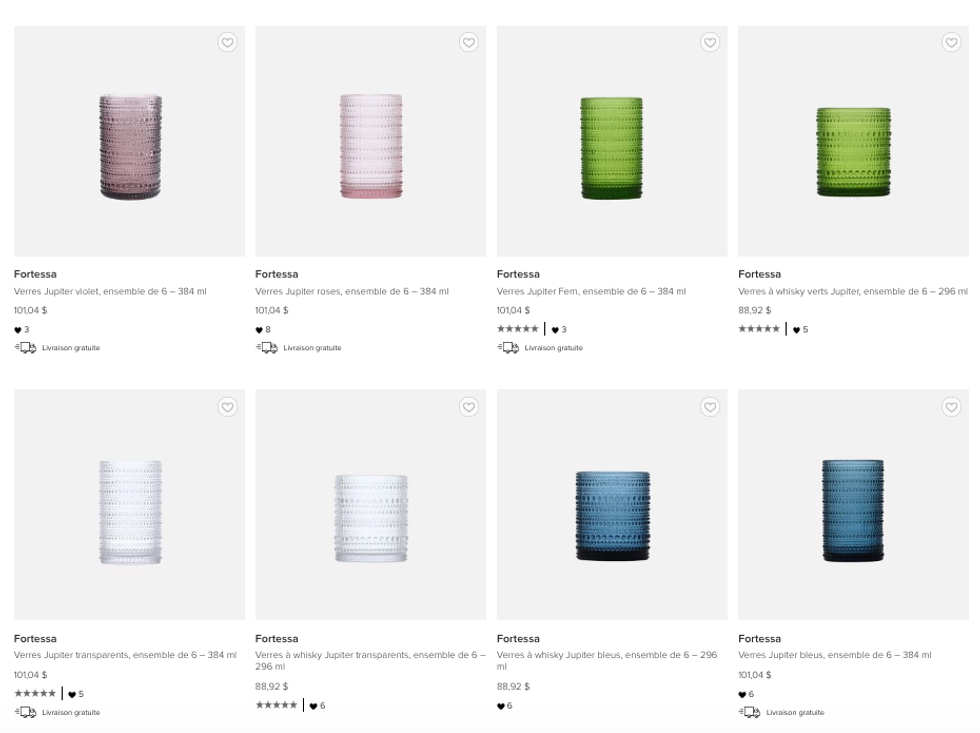 Les verres de Fortessa, sur le site Web de Linen Chest.