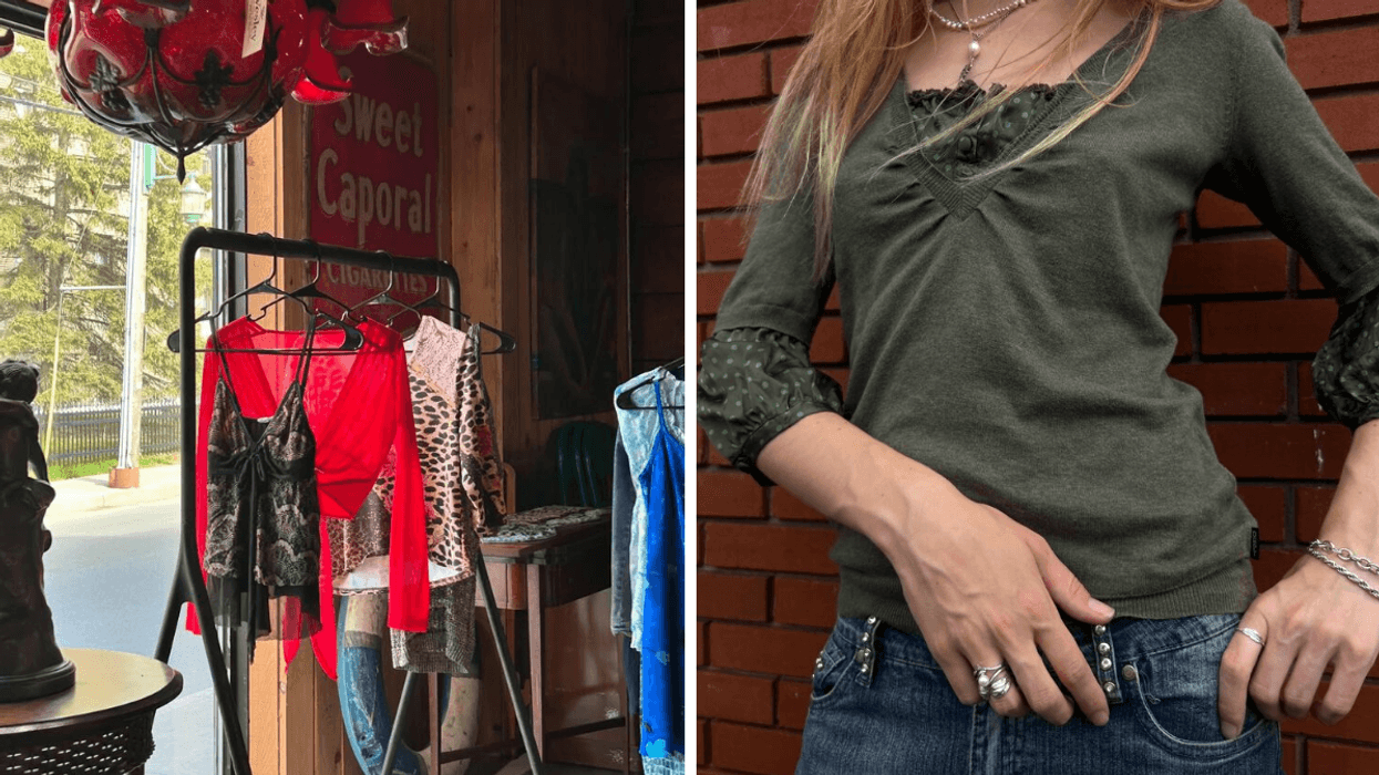 Les vêtements d'une friperie. Droite : Une personne portant les vêtements d'une friperie.