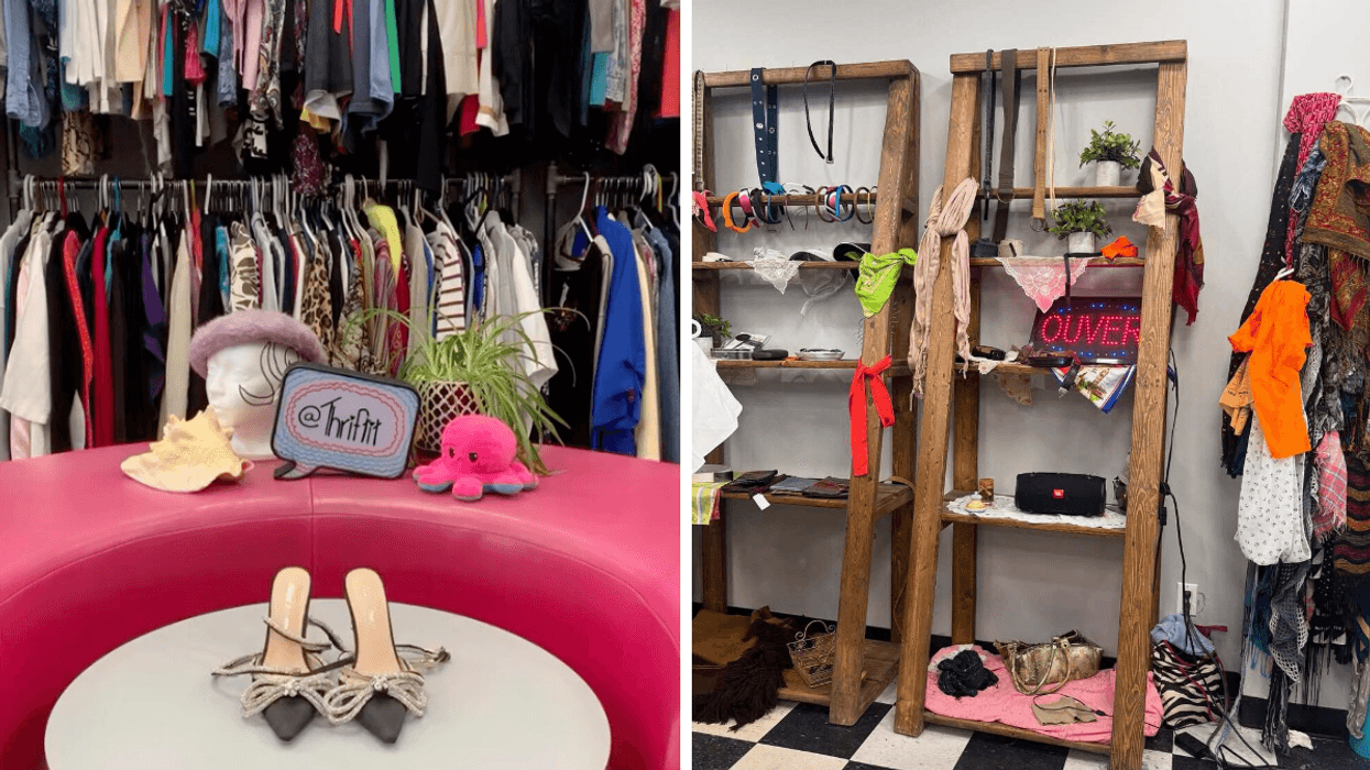 Les vêtements et une paire de soulier de la friperie Thriftit à Montréal. Droite : Les accessoires de la friperie Thriftit à Montréal.