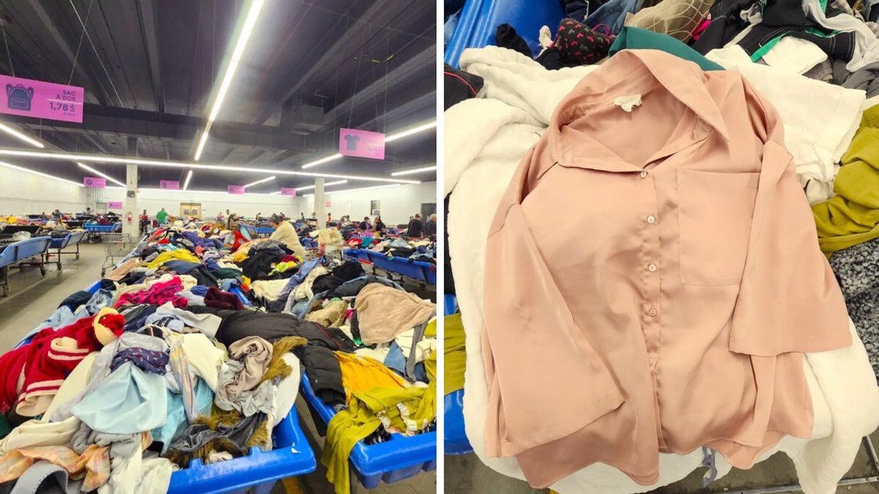 Les vêtements sont dans d'immenses bacs. Droite : un chemisier Womance.